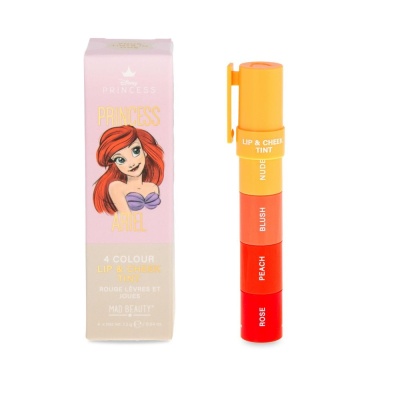 Embalagem rosa com imagem da Princesa Ariel e aplicador labial com quatro cores rotuladas