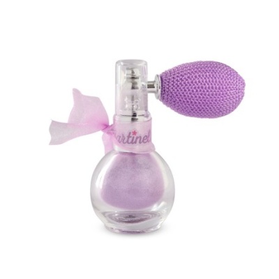 Frasco de perfume rosa com pulverizador roxo