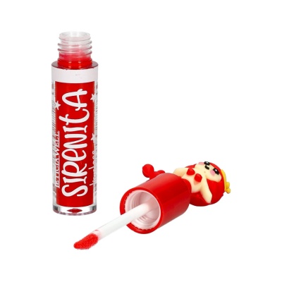 Batom líquido vermelho com tampa decorativa de personagem e texto SIRENITA