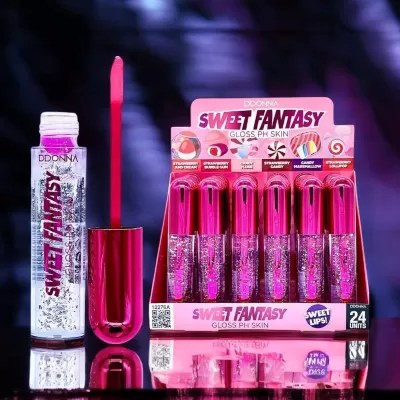 Brilho labial transparente com partículas brilhantes em embalagem rosa metálica