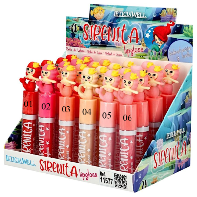 Expositor de lipgloss Sirenita Leticia Well com tubos e tampas de sereia coloridas