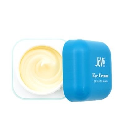 Creme para olhos JÖVÓ em frasco azul com tampa e creme amarelo no interior