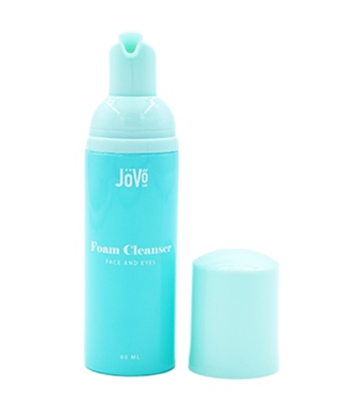 Frasco azul claro de espuma de limpeza facial e para olhos da marca Jövé