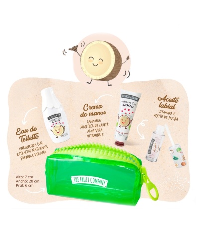 Set de produtos cosméticos da THE FRUIT COMPANY com saco verde e embalagens coloridas