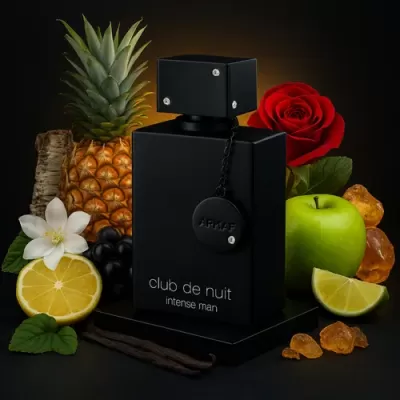 Frasco preto fosco de perfume com texto branco rodeado por frutas, flores e elementos naturais.