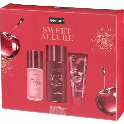 Conjunto Sence Sweet Allure com produtos para cuidados corporais em embalagem vermelha