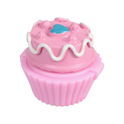 Vela decorativa em forma de cupcake cor-de-rosa com detalhes azuis