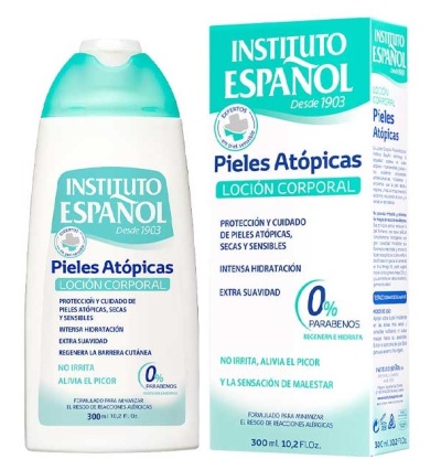 Frasco branco com tampa azul turquesa e embalagem azul com texto do Instituto Español Pieles Atópicas