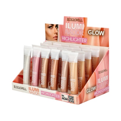 Expositor de iluminadores LETICIA WELL em tubos com diferentes tons, apresentados em caixa de cartão rosa e bege.