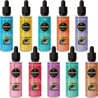 Frascos coloridos de essência hidrosolúvel AMBAR com conta-gotas e rótulos variados