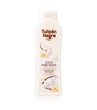 Frasco branco de gel de banho Tulipán Negro Coco Pure White com imagens de coco