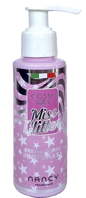 Frasco rosa com doseador branco e texto Miss Glitter em creme corporal