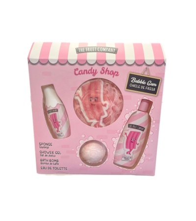 Conjunto de cuidado pessoal Candy Shop com esponja, gel de duche, bomba de banho e eau de toilette em embalagem rosa