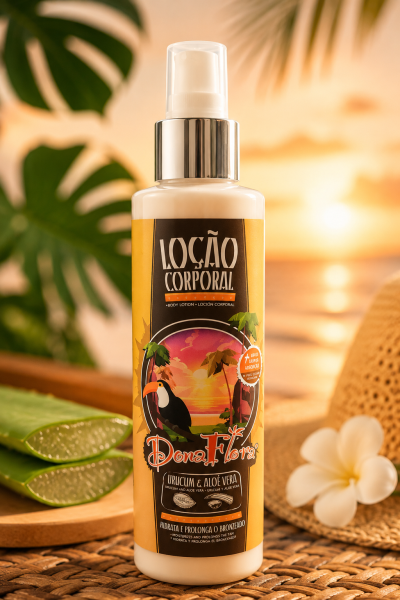 Loção corporal Dona Flora com urucum e aloé vera em embalagem plástica com spray