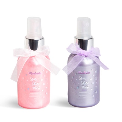 Dois frascos de spray rosa e lilás com laços e texto Martinelia Star Skin Mist