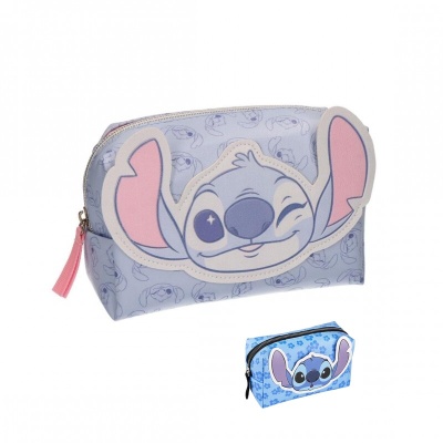 Estojo azul claro com figura do Stitch e fecho de correr rosa