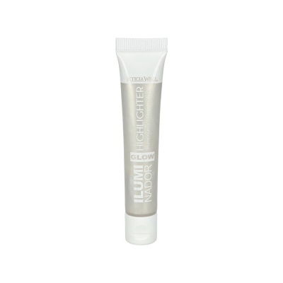 Tubo prateado de iluminador com tampa branca e texto branco e cinza