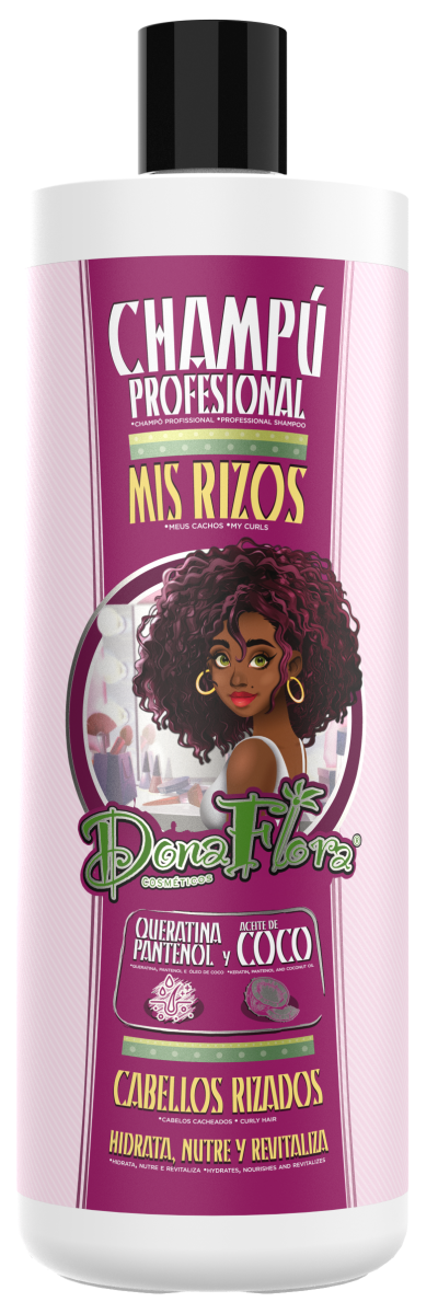 Champô profissional para cabelos rizados Dona Flora com queratina, pantenol e óleo de coco