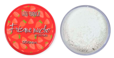 Pó solto matificante com tampa vermelha decorada com morangos e texto