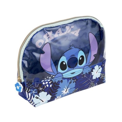 Necessaire azul com estampa do Stitch e texto OHANA