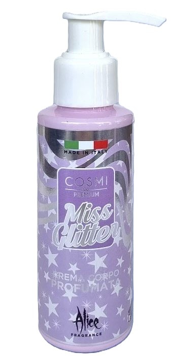 Frasco lilás de creme corporal Miss Glitter com tampa branca e estrelas brancas