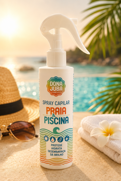 Frasco branco de spray capilar em ambiente de piscina com chapéu, óculos e toalha
