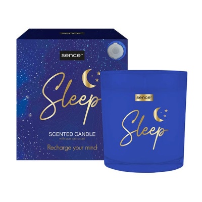 Vela perfumada azul com caixa azul e texto Sleep e detalhes dourados