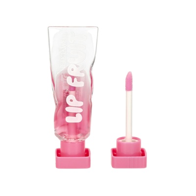 Gloss labial transparente e rosa com aplicador rosa e texto LIP FRUIT