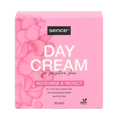 Caixa rosa de creme de dia para pele sensível com texto branco e rosa e desenho de pétalas
