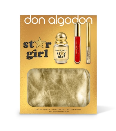 Conjunto Don Algodon Star Girl com eau de toilette, gloss labial, eyeliner gliter e necessaire dourada.