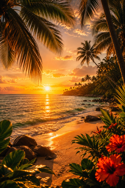 Praia tropical ao pôr do sol com palmeiras, flores vermelhas e ondas calmantes