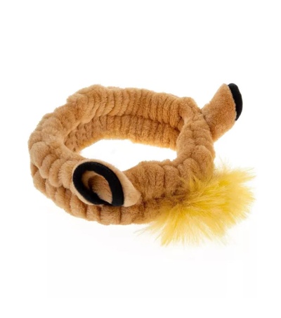 Elástico de cabelo felpudo castanho com orelhas e pompom amarelo.