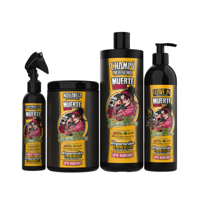 Conjunto de produtos para cabelo MUERTE SUBITA preto e amarelo com ilustração de mulher