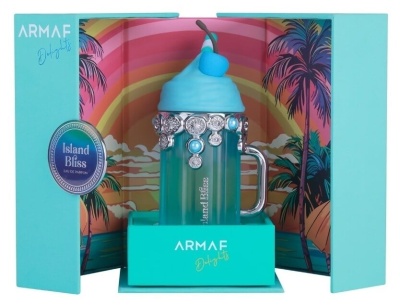 Frasco de perfume Armaf Island Bliss em embalagem azul com decoração tropical