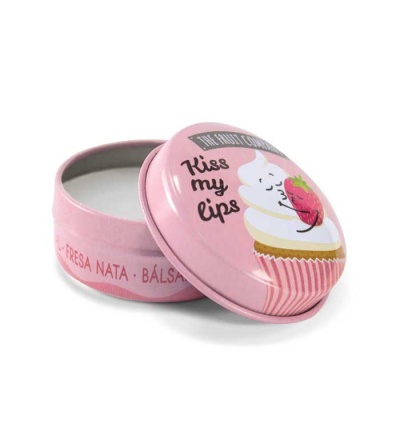 Frasco metálico rosa com tampa ilustrada e texto Kiss my lips