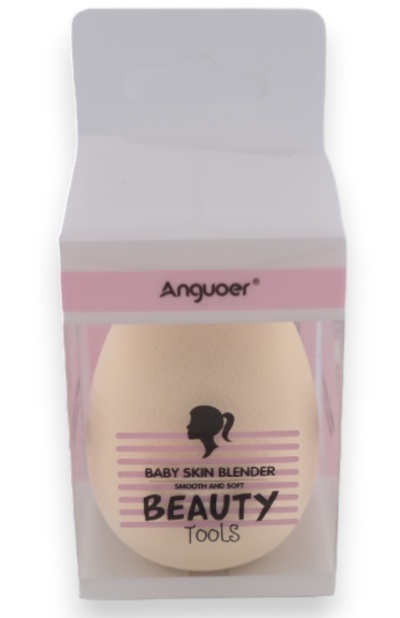 Esponja de maquilhagem bege em embalagem plástica transparente com texto e detalhes rosa