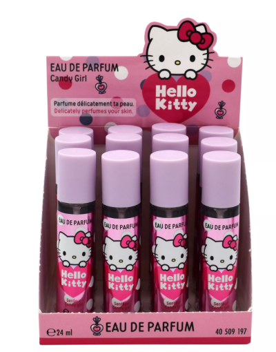 Frascos de Eau de Parfum Hello Kitty Candy Girl em exposição rosa