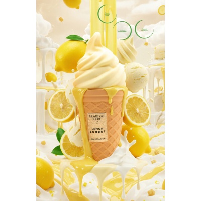 cone de sorvete amarelo com limões à volta e etiqueta de perfume