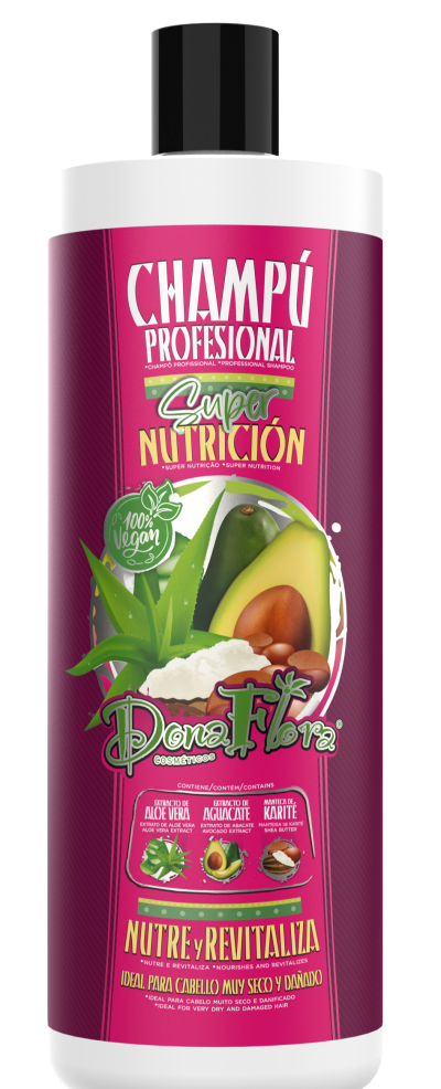 Frasco rosa de champô Dona Flora com tampa preta e ilustrações de aloe vera, abacate e karité