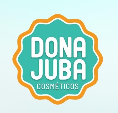 Logótipo Dona Juba Cosméticos com texto branco e contorno laranja