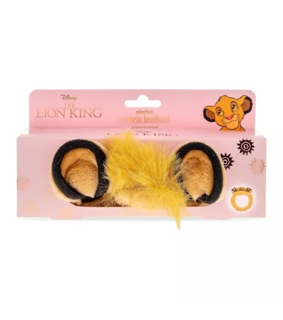 Arco cabelo Rei Leão com orelhas e penugem amarela em caixa rosa