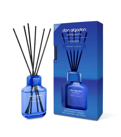 Perfume de ambiente mikado azul com varas pretas e caixa azul da don algodon