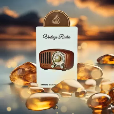 Frasco branco de perfume com rádio vintage e pedras âmbar