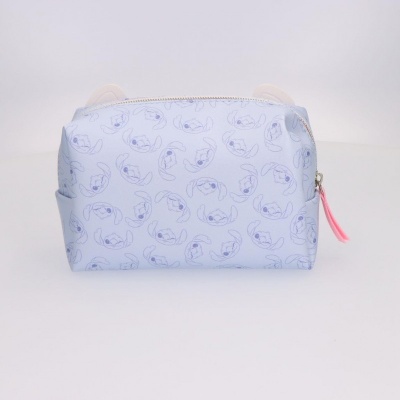 Necessaire azul clara com padrão de rosto de cão e fecho de correr rosa