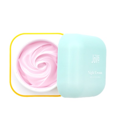 Creme noturno rosa em embalagem azul clara com texto Joyo Night Cream