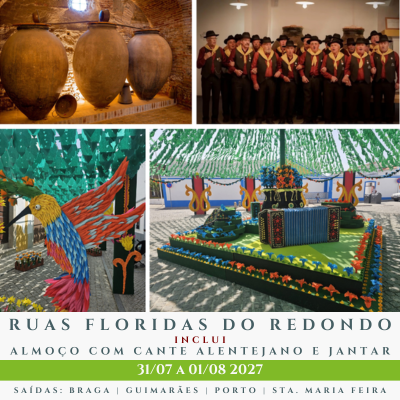 Colagem com ânforas, grupo cante alentejano, arte de pássaro e decoração com acordeão e texto promocional