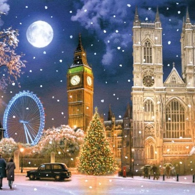 Cena de Inverno na cidade de Londres com Big Ben, London Eye, árvore de Natal e neve