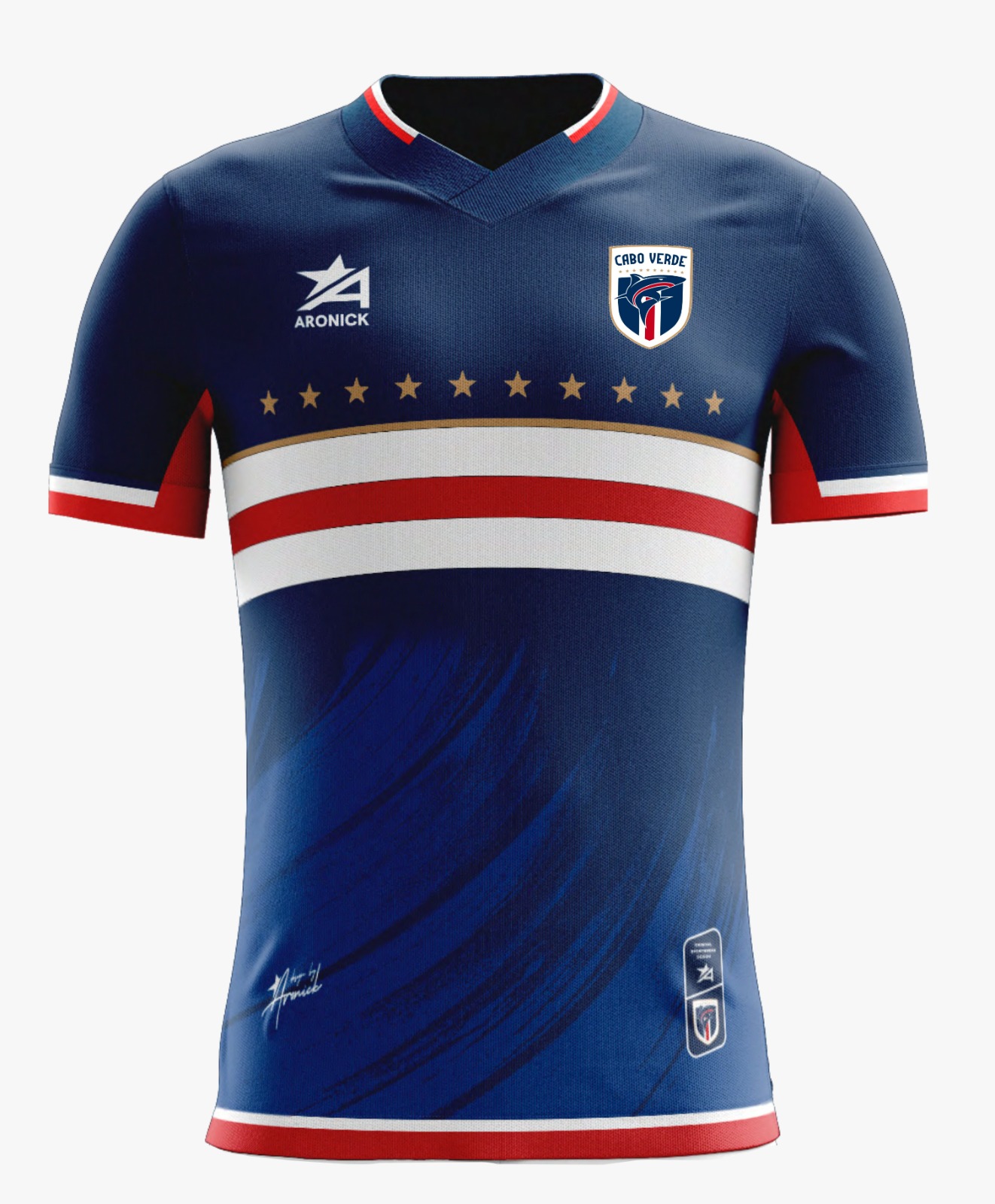 T-shirt desportiva azul escura com detalhes vermelhos, brancos e dourados
