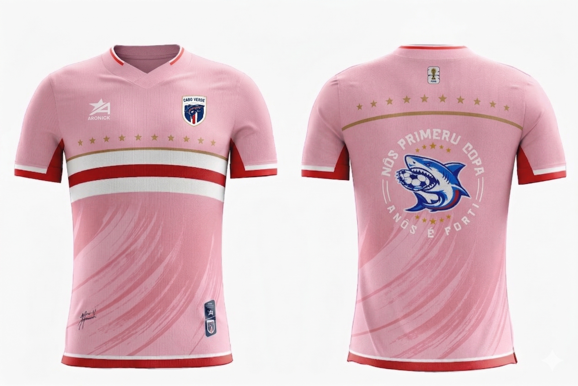 Camisola de futebol rosa com detalhes vermelhos e brancos e desenho de tubarão com bola no verso.