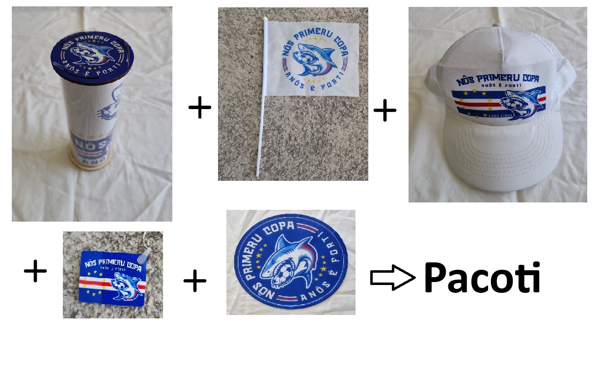 Produtos de merchandising com tema NÓS PRIMERU COPA ANÓS É FORTI incluindo tubo, bandeira, boné, chaveiro e emblema circular.